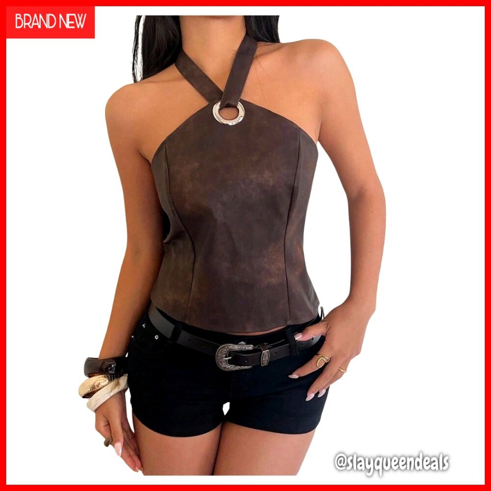 Faux Leather Halter Top Tie Back Tank Rave Clubwear Night Out